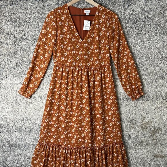 J.CREW Dresses & Skirts - J Crew Dress Womens XXS‎ Brown Floral Long Sleeve V Neck Midi Ruffle Hem Boho